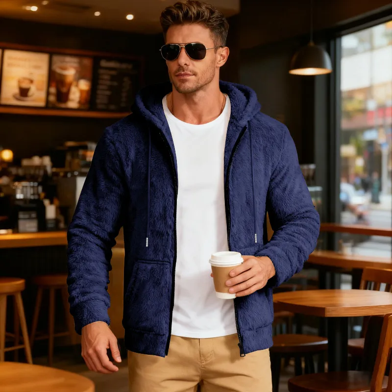 Men Autumn Winter Solid Color Plush Long Sleeve Hooded Cardigan Coat