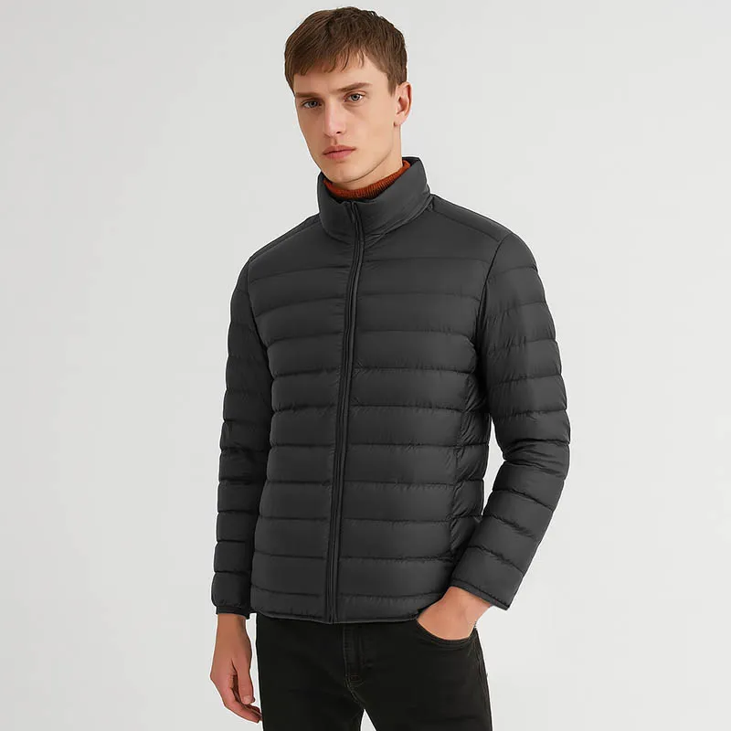 Men Winter Solid Color Stand Collar White Goose Down Coat Loose Fit