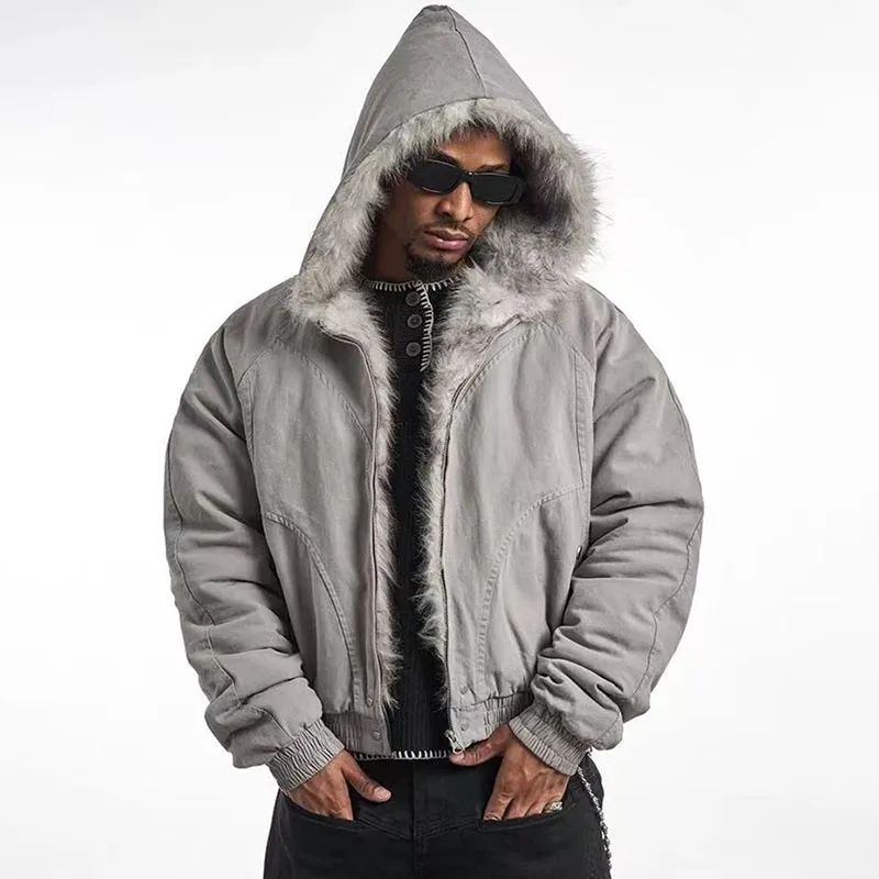 Men Winter Solid Color Plush Long Sleeve Hooded Coat Cardigan