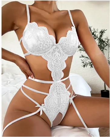 Sexy Women Solid Lace See-Through Bodysuit Bra Set