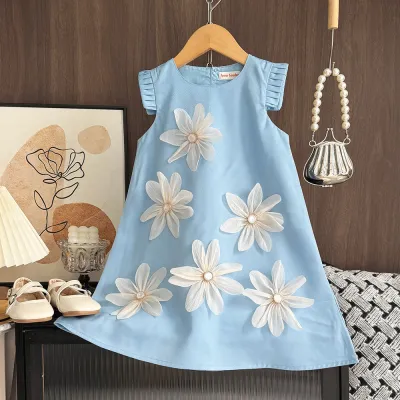 Kids Girls Cute Floral Decoration Sleeveless A-Line Dress