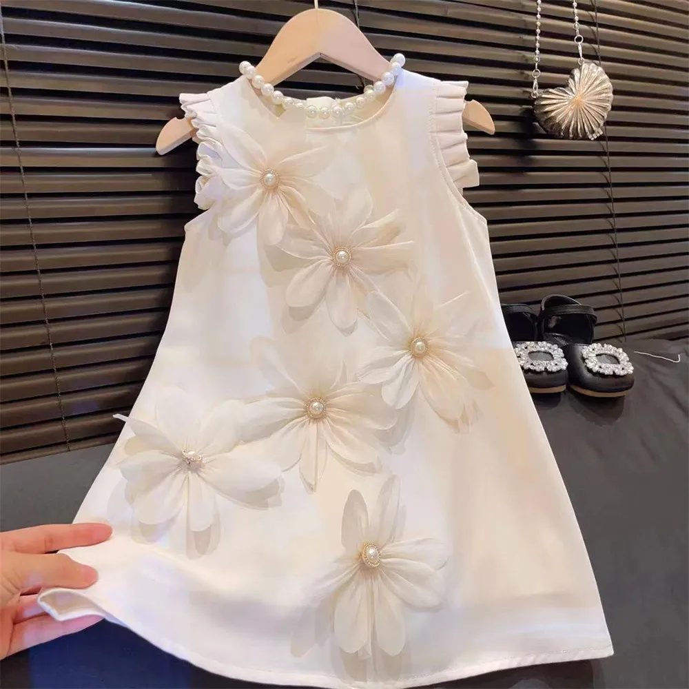 Kids Girls Cute Floral Decoration Sleeveless A-Line Dress