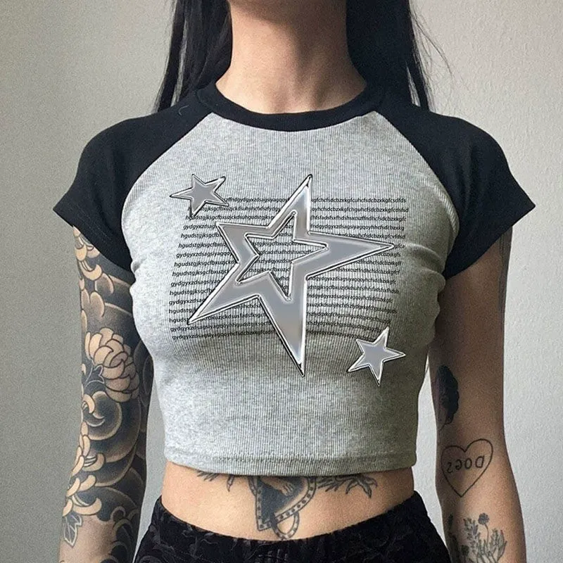 Women Fashion Star Print Short Sleeve Crop Top T-Shirt