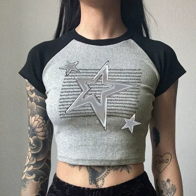 Women Fashion Star Print Short Sleeve Crop Top T-Shirt