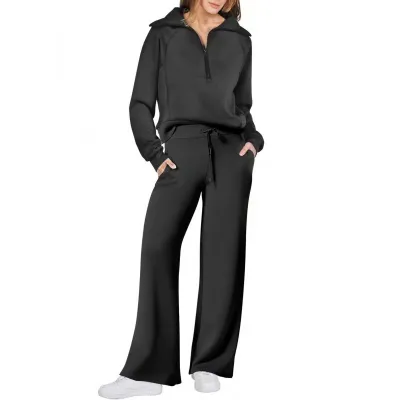 Autumn Winter Casual Sports Athleisure Zipper Long Sleeve Sweatshirt Wide Leg Pants Two-Piece Set