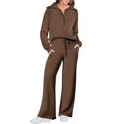 Autumn Winter Casual Sports Athleisure Zipper Long Sleeve Sweatshirt Wide Leg Pants Two-Piece Set