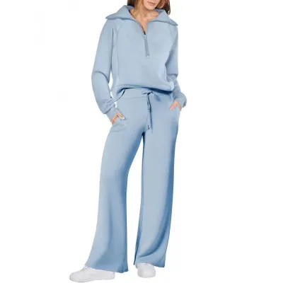 Autumn Winter Casual Sports Athleisure Zipper Long Sleeve Sweatshirt Wide Leg Pants Two-Piece Set