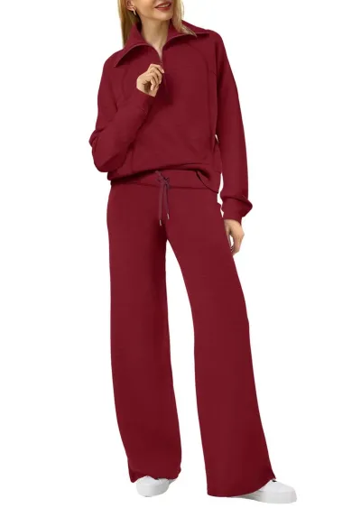 Autumn Winter Casual Sports Athleisure Zipper Long Sleeve Sweatshirt Wide Leg Pants Two-Piece Set