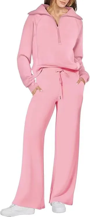 Autumn Winter Casual Sports Athleisure Zipper Long Sleeve Sweatshirt Wide Leg Pants Two-Piece Set