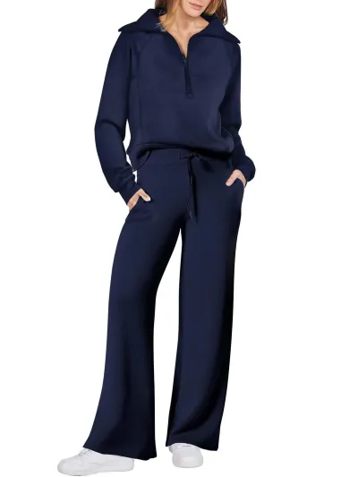 Autumn Winter Casual Sports Athleisure Zipper Long Sleeve Sweatshirt Wide Leg Pants Two-Piece Set