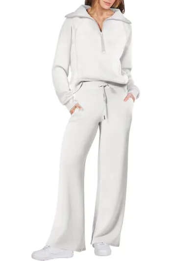 Autumn Winter Casual Sports Athleisure Zipper Long Sleeve Sweatshirt Wide Leg Pants Two-Piece Set