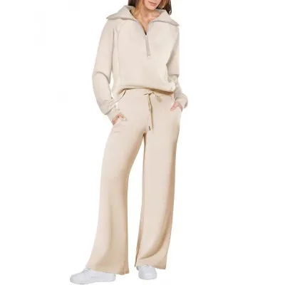 Autumn Winter Casual Sports Athleisure Zipper Long Sleeve Sweatshirt Wide Leg Pants Two-Piece Set