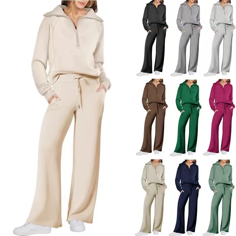 Autumn Winter Casual Sports Athleisure Zipper Long Sleeve Sweatshirt Wide Leg Pants Two-Piece Set