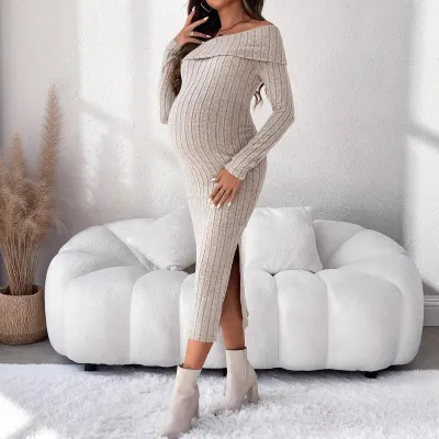 Pregnant Women Autumn And Winter Off-Shoulder Long Sleeve Knitted Maternity Dress