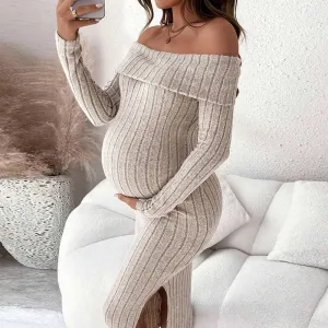 Pregnant Women Autumn And Winter Off-Shoulder Long Sleeve Knitted Maternity Dress
