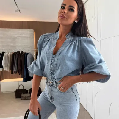 Womens Casual Retro Denim Shirt with Lantern Sleeves and V-Neck
