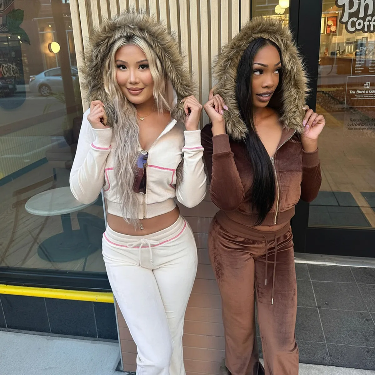 Autumn Winter Sports Velvet Printed Letter Plush Collar Hooded Long Sleeve Crop Jacket Pants Two-Piece Set