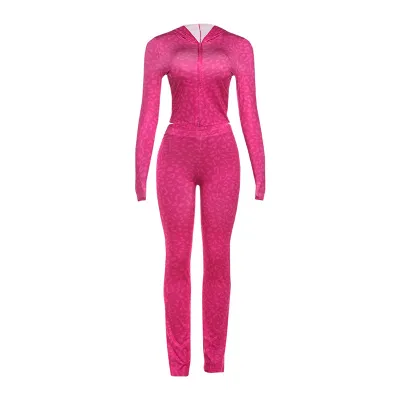 Autumn Winter Women Hooded Long Sleeve Leopard Print Sports Slim Fit Pants Set
