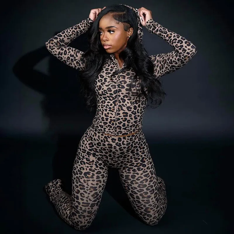 Autumn Winter Women Hooded Long Sleeve Leopard Print Sports Slim Fit Pants Set