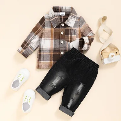 Kids Baby Boys Plaid Long Sleeve Shirt and Jeans Set