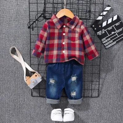 Kids Baby Boys Plaid Long Sleeve Shirt and Jeans Set