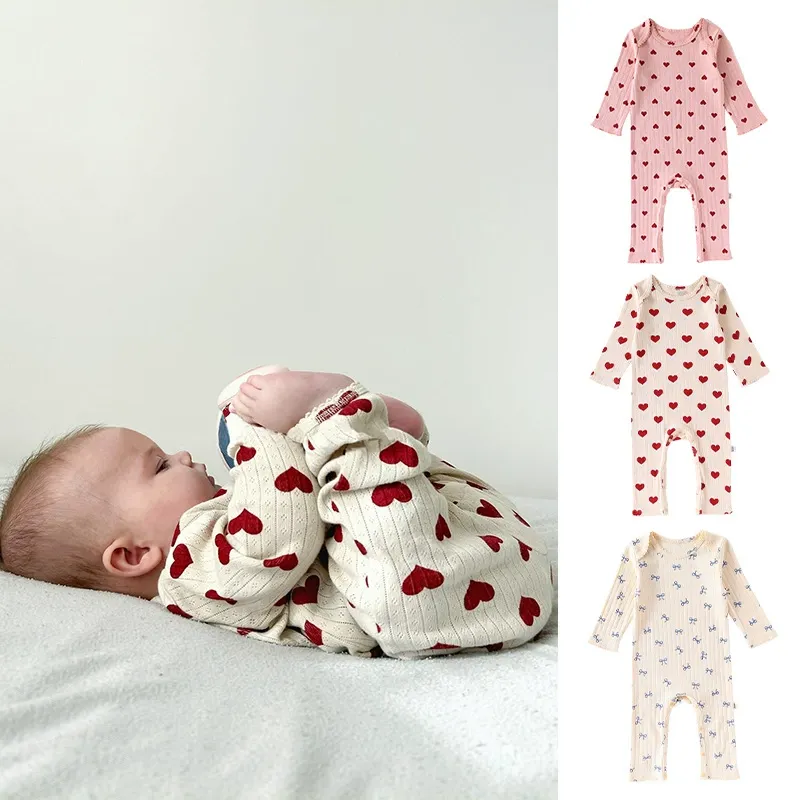 Kids Baby Boys Girls Bow Heart Print Cotton Long Sleeve Bodysuit Pullover Neutral