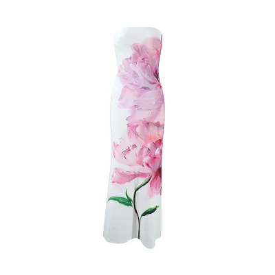 Women Spring Summer Floral Print Strapless Bodycon Maxi Dress