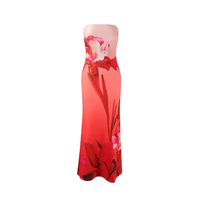 Women Spring Summer Floral Print Strapless Bodycon Maxi Dress