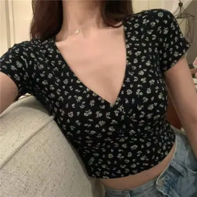 Spring Women Floral Print V-Neck Short Sleeve Cropped Top Tee