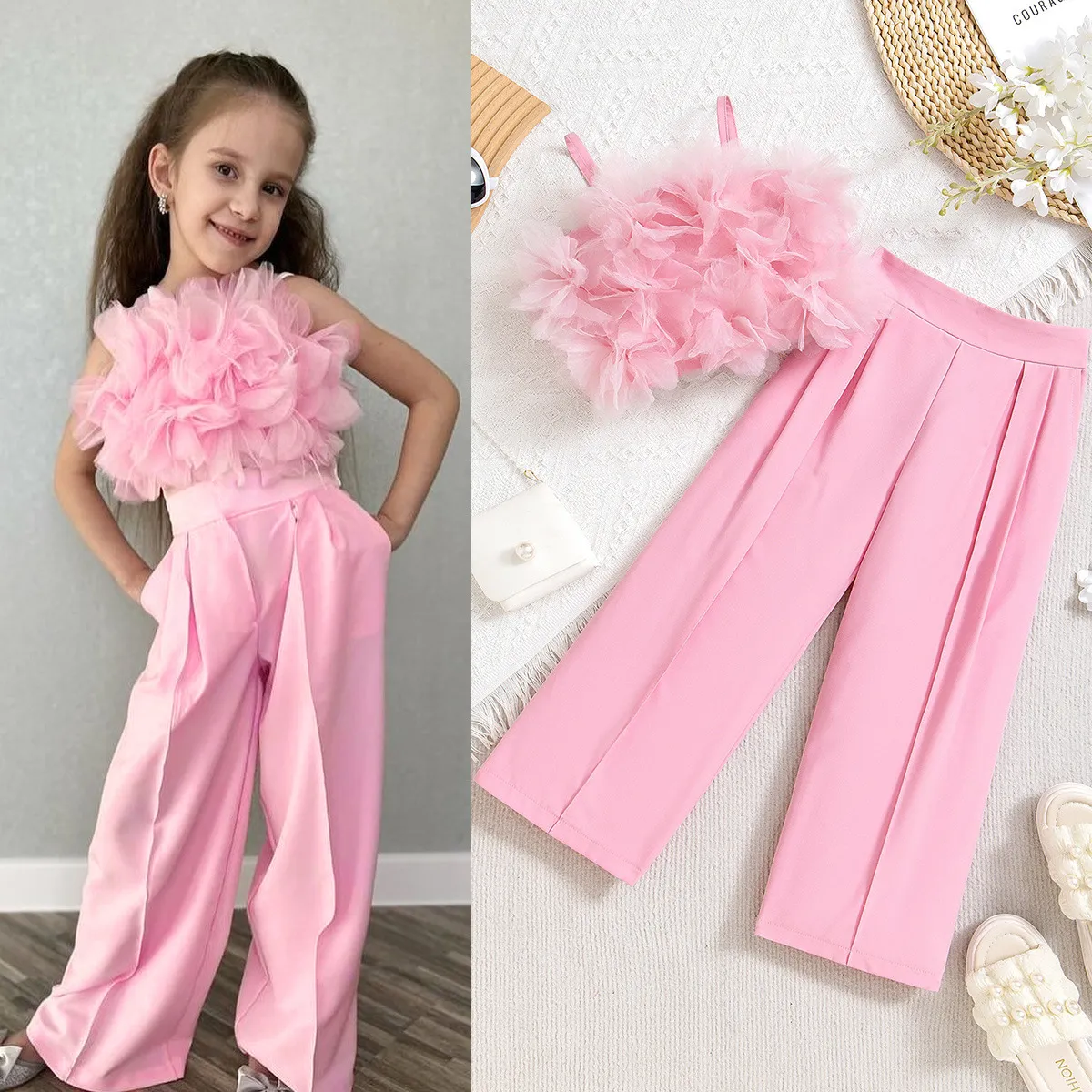 Kids Girls Cute Mesh Cami Top Trousers Sets Sleeveless Floral Two Piece
