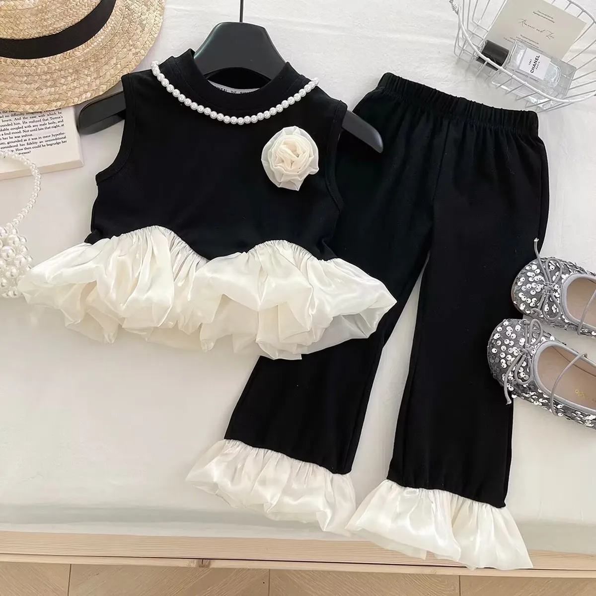 Kids Girls Casual Chic Floral Sleeveless Vest Trousers Two Piece Set Pullover Capris Cotton Blend
