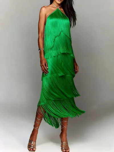 Women Halter Tassel Backless Party Dress