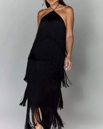 Women Halter Tassel Backless Party Dress