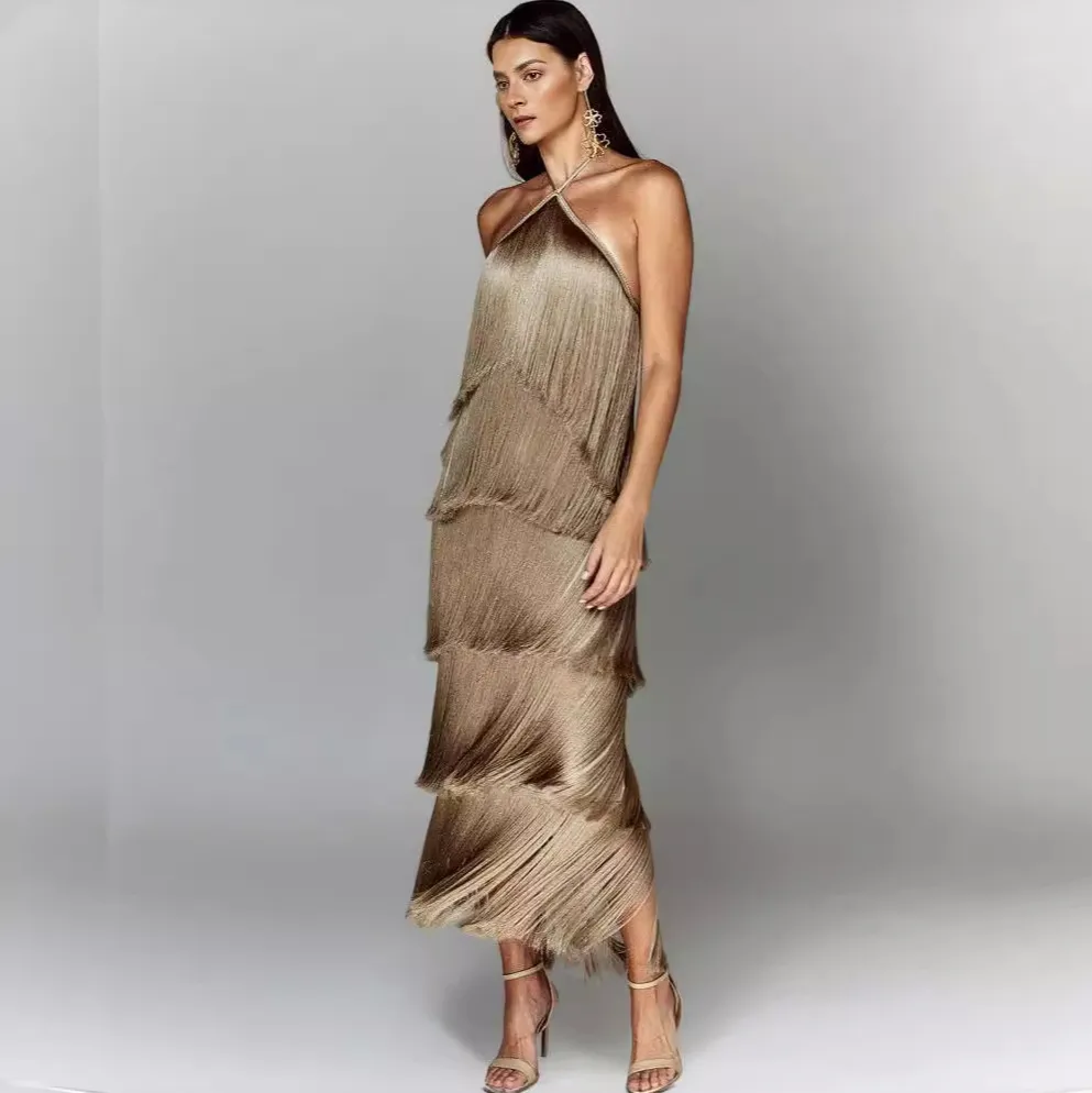 Women Halter Tassel Backless Party Dress