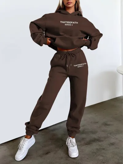 Women Casual Athleisure Letter-Print Hoodie And Sweatpants Two-Piece Set