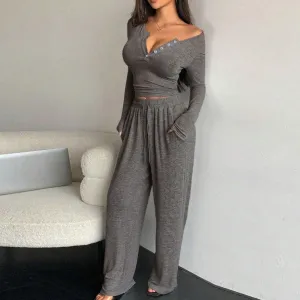 Women Casual Commuter Wind Solid Color Long Sleeve Top And Pants Two-Piece Set