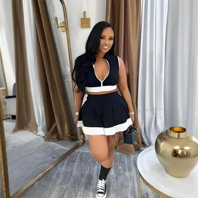Women Sleeveless Zip Top and Short Skirt Two-Piece Set - Japanese Korean Casual Neutral Wind Style