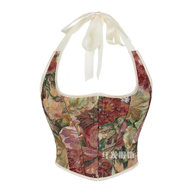 Women Vintage Floral Printed Hanging Corsets Crop Top