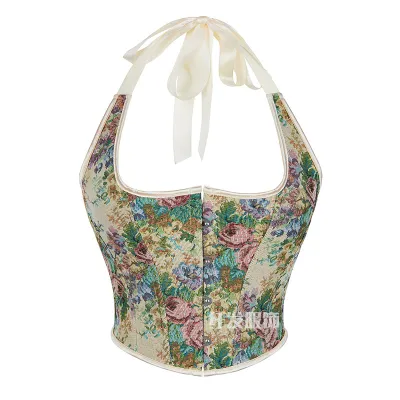 Women Vintage Floral Printed Hanging Corsets Crop Top
