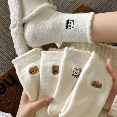 Warm Plush Women Autumn Winter Dog Embroidery Cute Socks