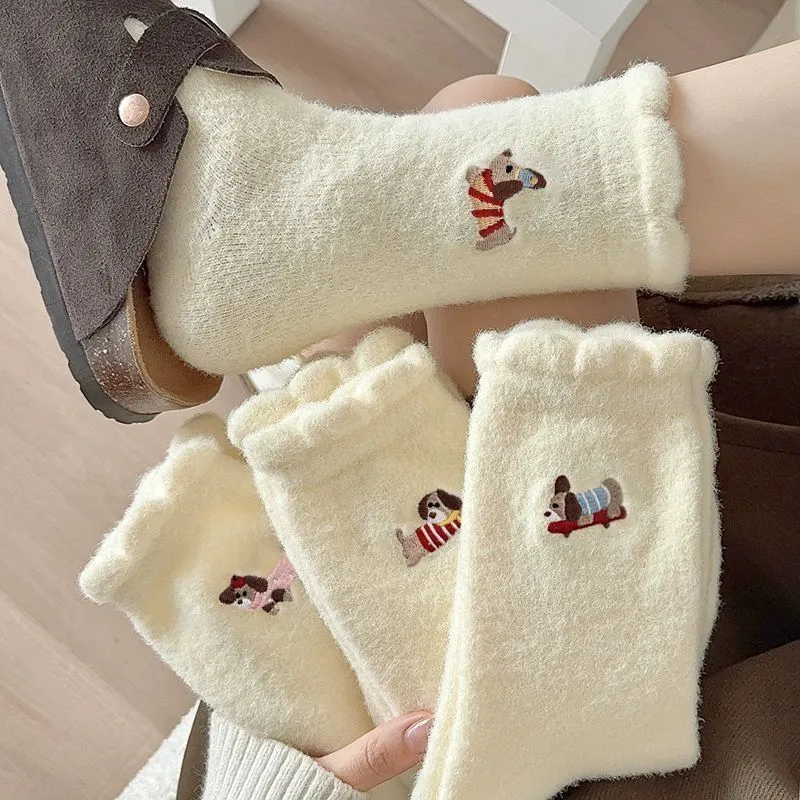 Warm Plush Women Autumn Winter Dog Embroidery Cute Socks