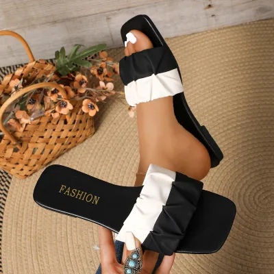 Women Fashion PU Pleated Flat Slippers