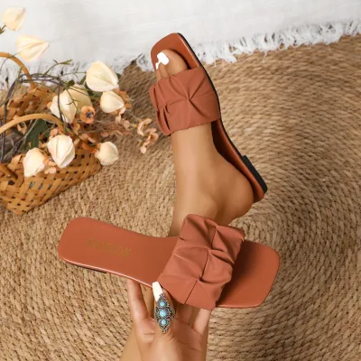 Women Fashion PU Pleated Slip On Flat Slippers