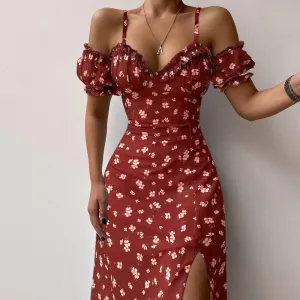 Women Spring And Summer Fashion Flower Print Ruffle Side Slit Dress