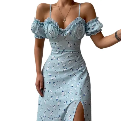 Women Spring And Summer Fashion Flower Print Ruffle Side Slit Dress