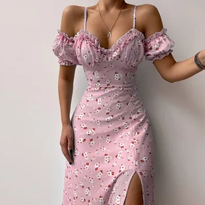 Women Spring And Summer Fashion Flower Print Ruffle Side Slit Dress