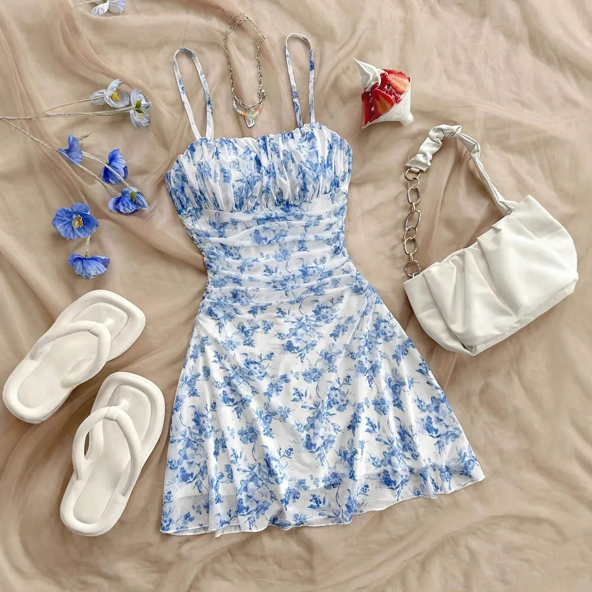 Women Spring Summer Fresh Sweet Wave Collar Sling Mini Dress