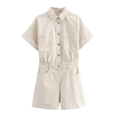 Spring Summer Women Lapel Short Sleeve Pocket Denim Rompers