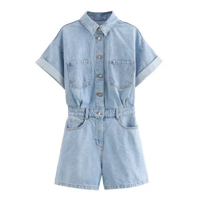Spring Summer Women Lapel Short Sleeve Pocket Denim Rompers