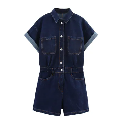Spring Summer Women Lapel Short Sleeve Pocket Denim Rompers
